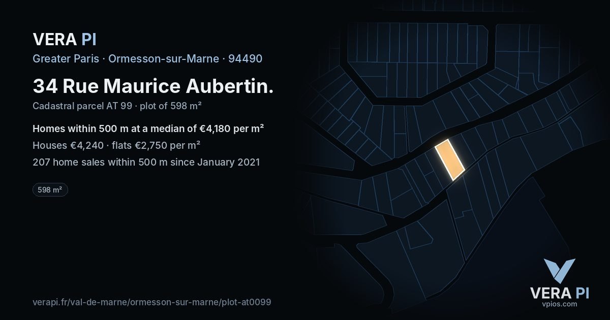 34 Rue Maurice Aubertin, Ormesson-sur-Marne at night – the plot lit, the parcels around coloured by the prices near them