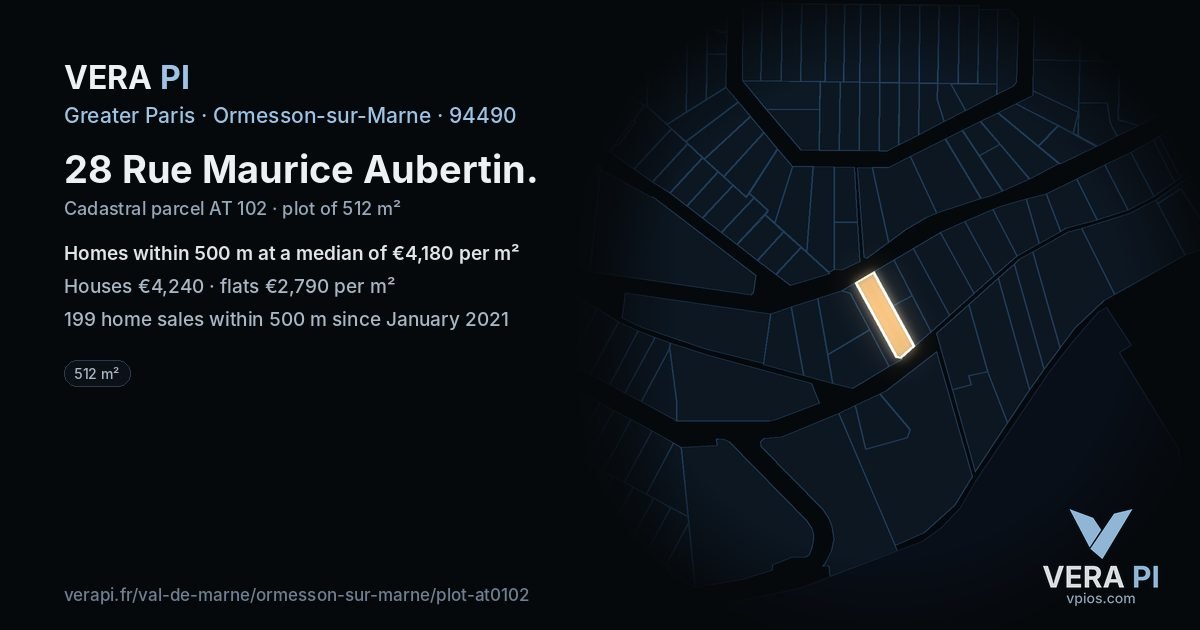 28 Rue Maurice Aubertin, Ormesson-sur-Marne at night – the plot lit, the parcels around coloured by the prices near them