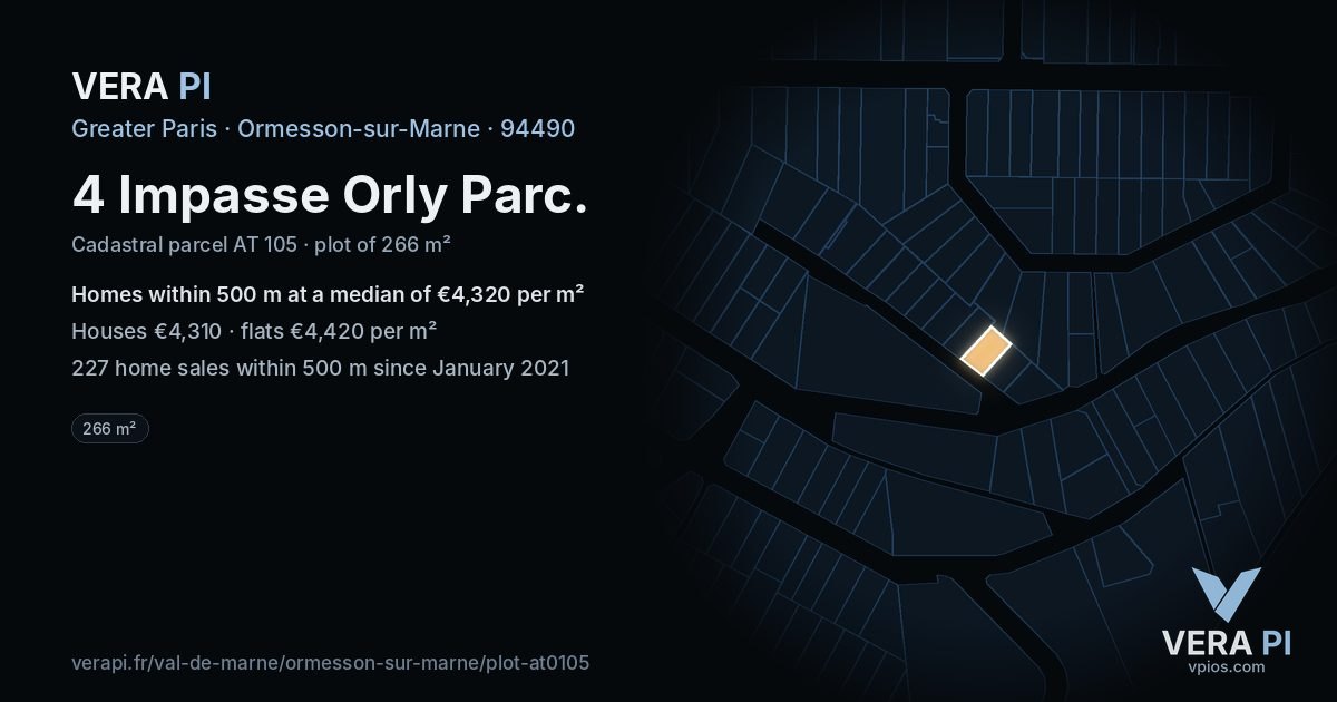4 Impasse Orly Parc, Ormesson-sur-Marne at night – the plot lit, the parcels around coloured by the prices near them