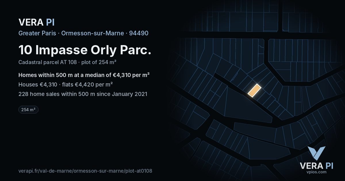 10 Impasse Orly Parc, Ormesson-sur-Marne at night – the plot lit, the parcels around coloured by the prices near them