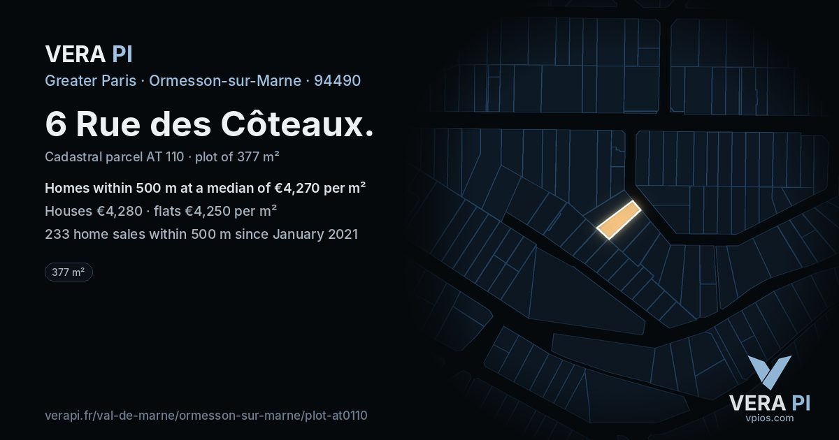 6 Rue des Côteaux, Ormesson-sur-Marne at night – the plot lit, the parcels around coloured by the prices near them