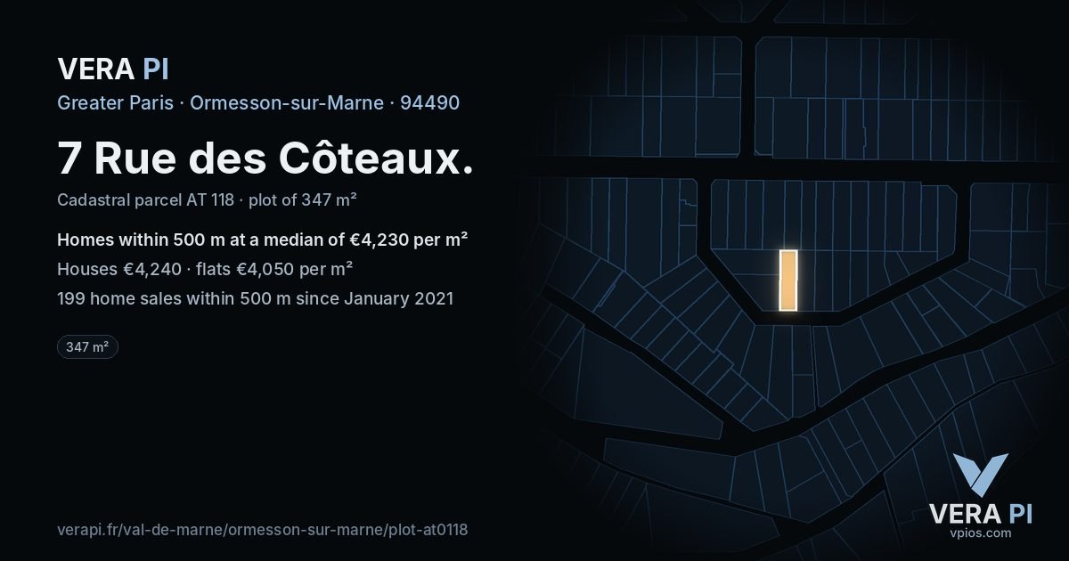7 Rue des Côteaux, Ormesson-sur-Marne at night – the plot lit, the parcels around coloured by the prices near them