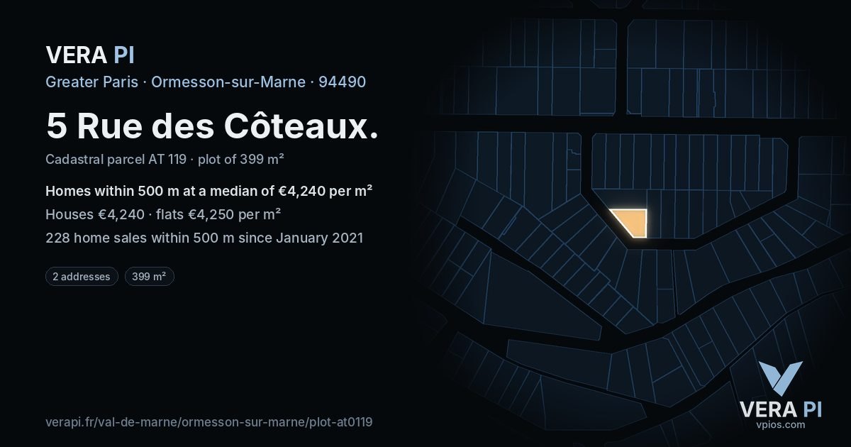 5 Rue des Côteaux, Ormesson-sur-Marne at night – the plot lit, the parcels around coloured by the prices near them