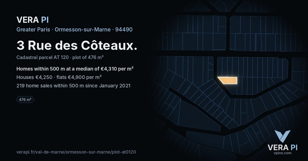 3 Rue des Côteaux, Ormesson-sur-Marne at night – the plot lit, the parcels around coloured by the prices near them