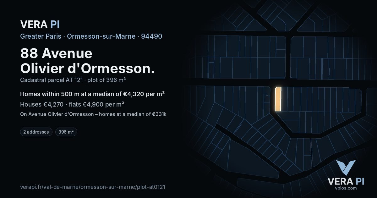 88 Avenue Olivier d'Ormesson, Ormesson-sur-Marne at night – the plot lit, the parcels around coloured by the prices near them