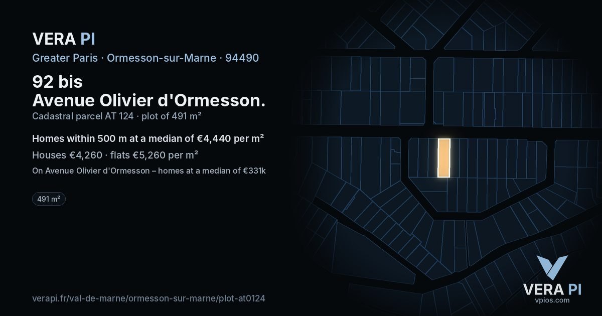 92 bis Avenue Olivier d'Ormesson, Ormesson-sur-Marne at night – the plot lit, the parcels around coloured by the prices near them