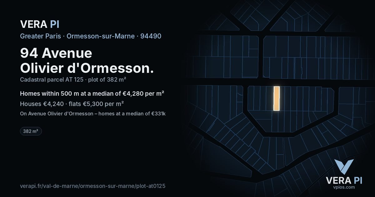 94 Avenue Olivier d'Ormesson, Ormesson-sur-Marne at night – the plot lit, the parcels around coloured by the prices near them