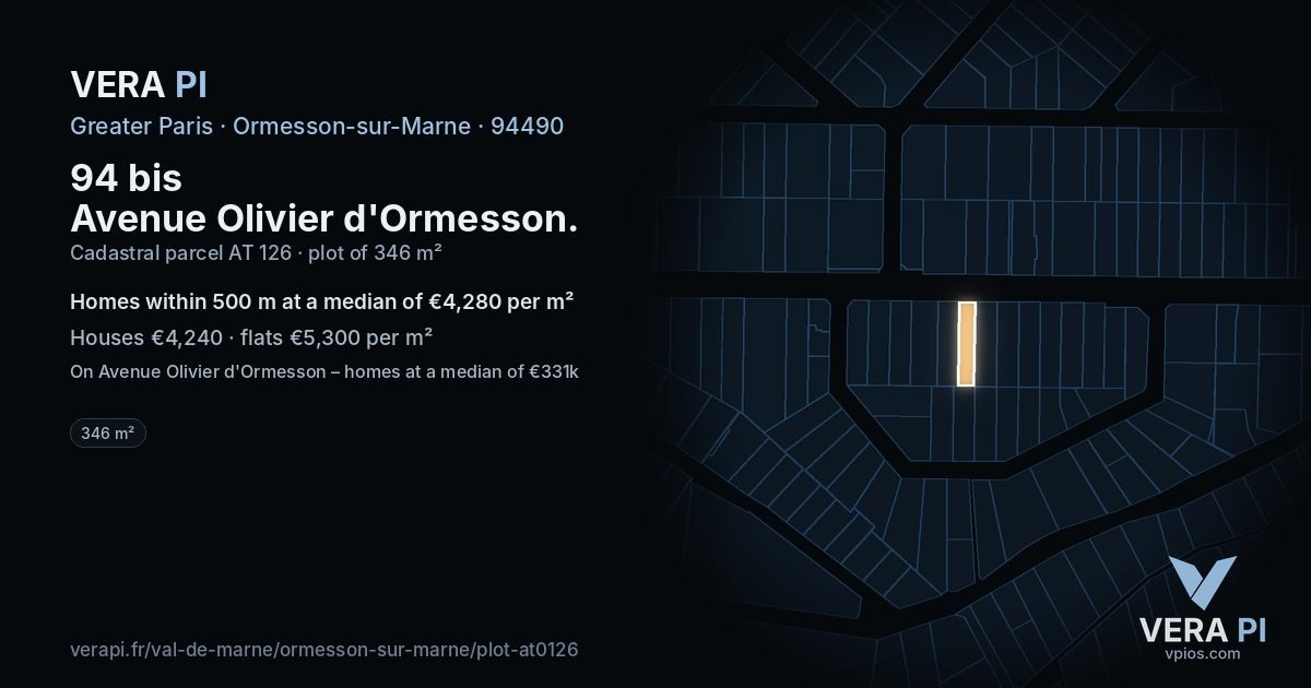 94 bis Avenue Olivier d'Ormesson, Ormesson-sur-Marne at night – the plot lit, the parcels around coloured by the prices near them