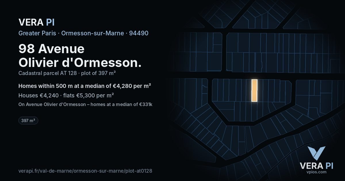 98 Avenue Olivier d'Ormesson, Ormesson-sur-Marne at night – the plot lit, the parcels around coloured by the prices near them