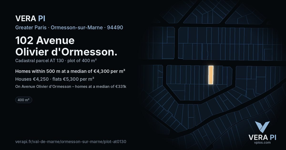 102 Avenue Olivier d'Ormesson, Ormesson-sur-Marne at night – the plot lit, the parcels around coloured by the prices near them