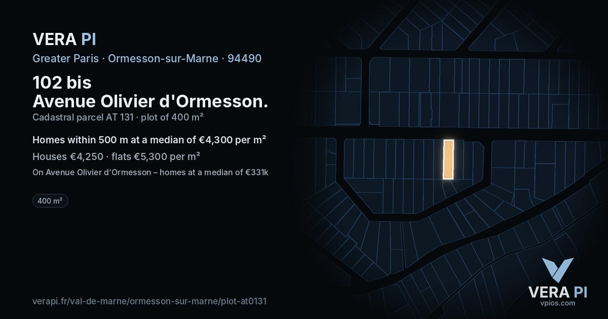 102 bis Avenue Olivier d'Ormesson, Ormesson-sur-Marne at night – the plot lit, the parcels around coloured by the prices near them
