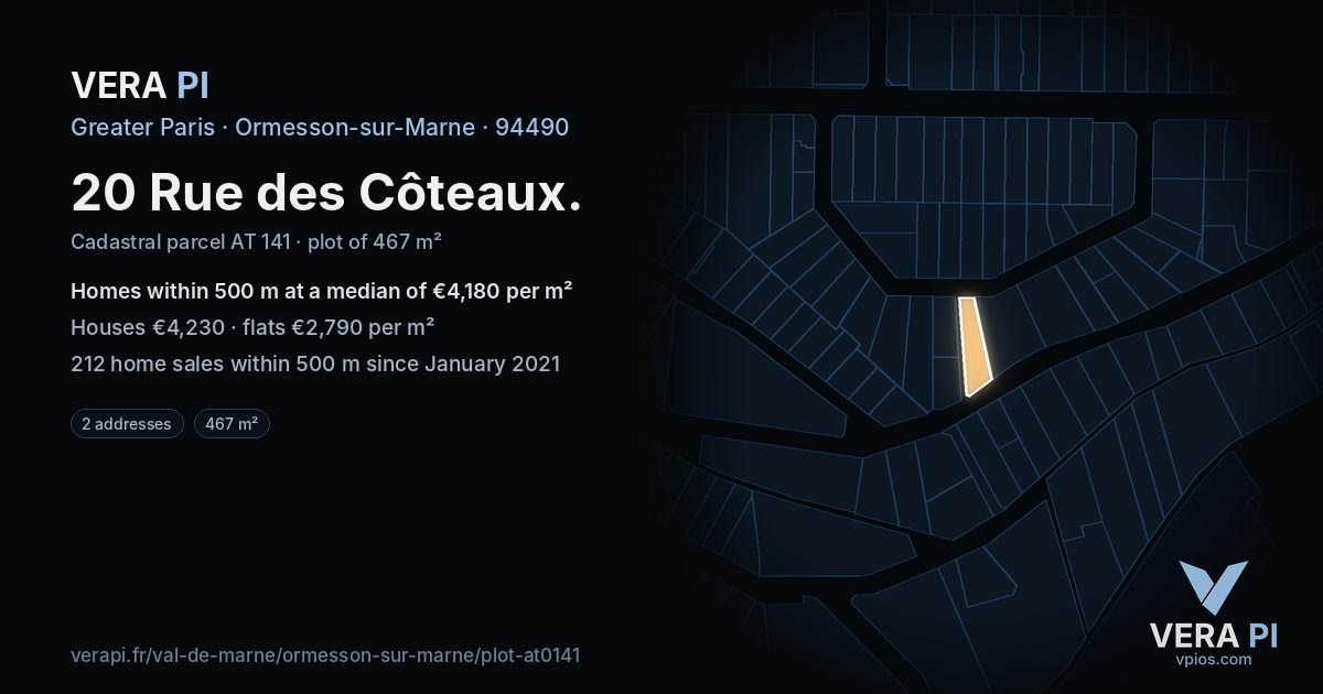 20 Rue des Côteaux, Ormesson-sur-Marne at night – the plot lit, the parcels around coloured by the prices near them