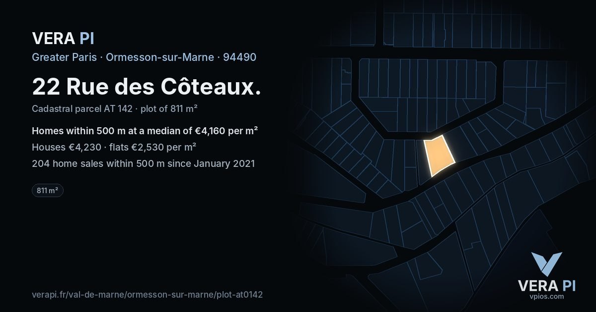 22 Rue des Côteaux, Ormesson-sur-Marne at night – the plot lit, the parcels around coloured by the prices near them