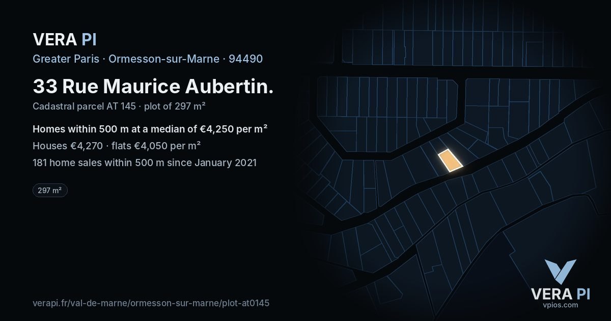 33 Rue Maurice Aubertin, Ormesson-sur-Marne at night – the plot lit, the parcels around coloured by the prices near them