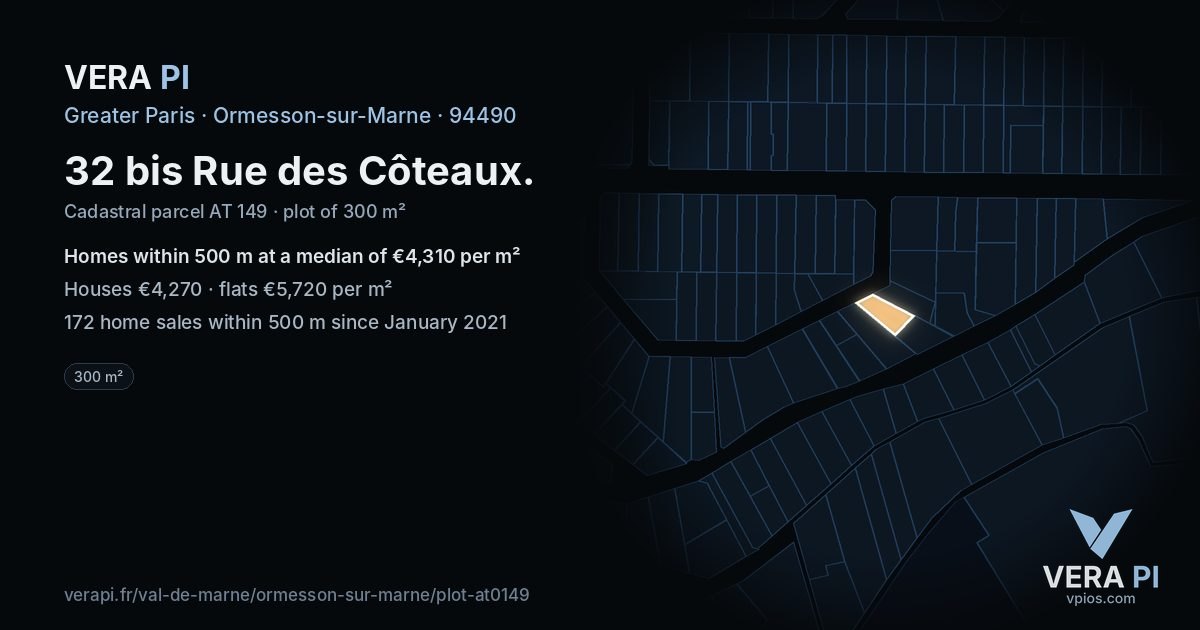 32 bis Rue des Côteaux, Ormesson-sur-Marne at night – the plot lit, the parcels around coloured by the prices near them