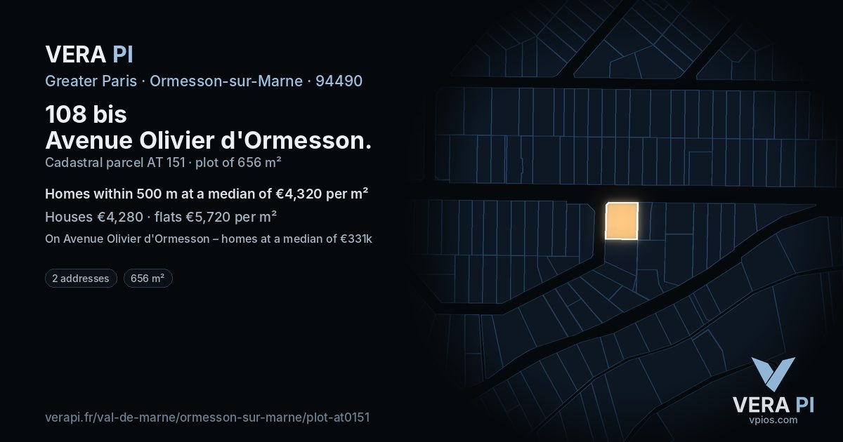 108 bis Avenue Olivier d'Ormesson, Ormesson-sur-Marne at night – the plot lit, the parcels around coloured by the prices near them