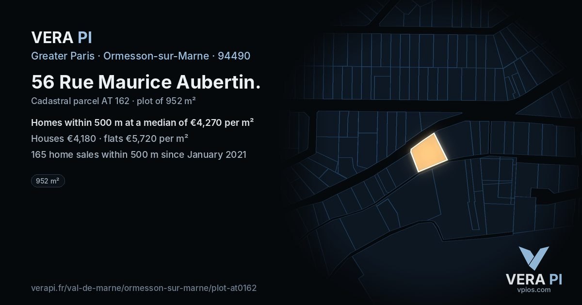 56 Rue Maurice Aubertin, Ormesson-sur-Marne at night – the plot lit, the parcels around coloured by the prices near them