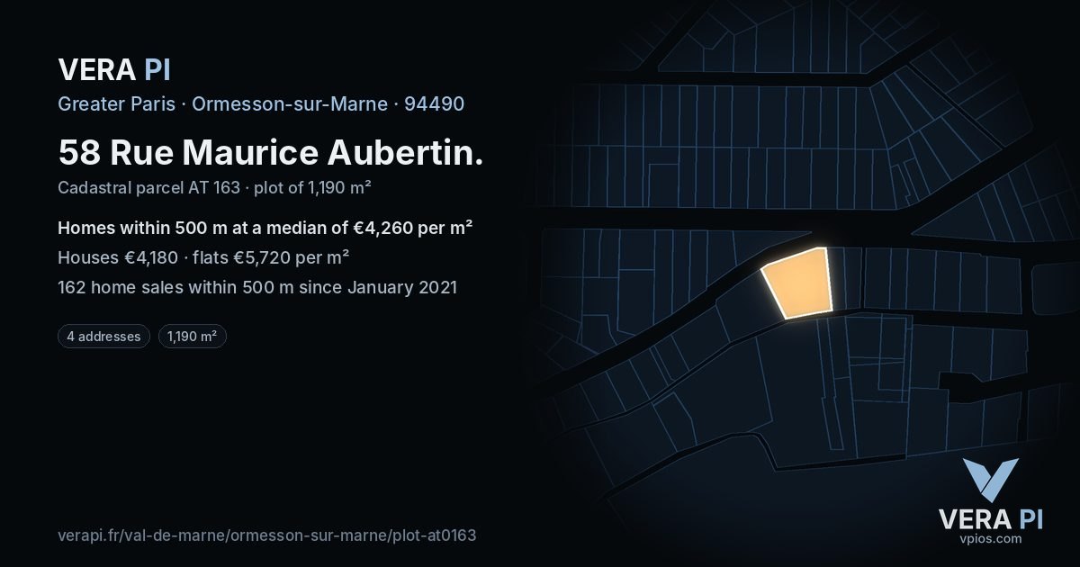 58 Rue Maurice Aubertin, Ormesson-sur-Marne at night – the plot lit, the parcels around coloured by the prices near them