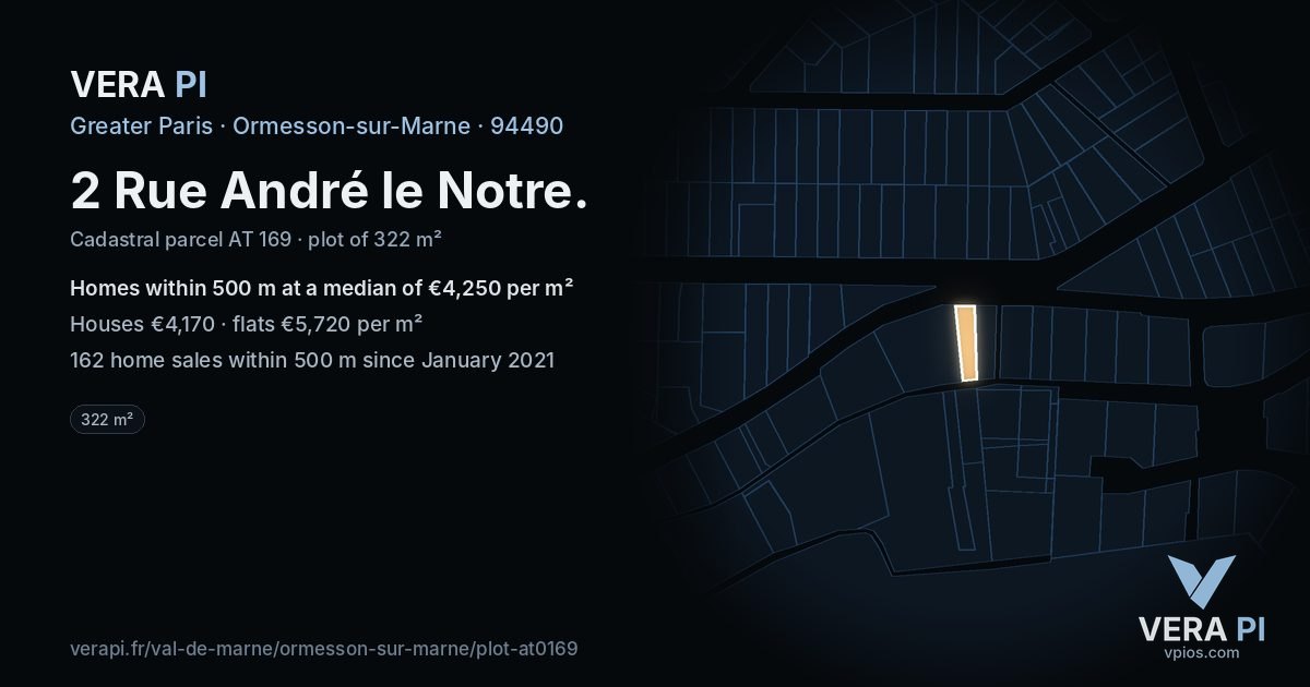 2 Rue André le Notre, Ormesson-sur-Marne at night – the plot lit, the parcels around coloured by the prices near them