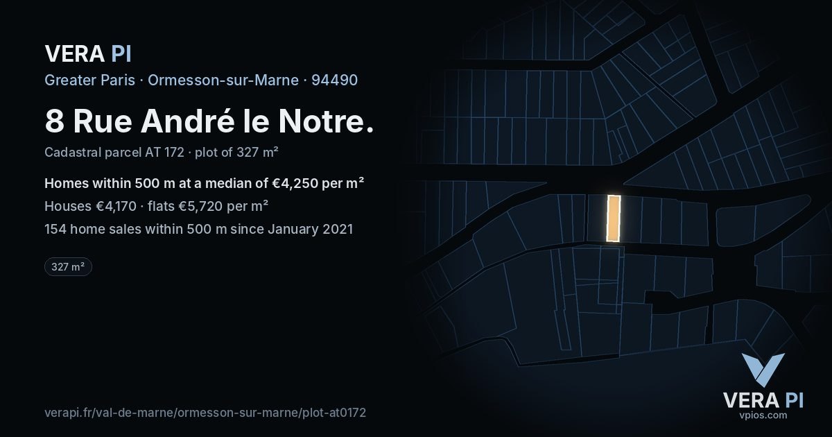 8 Rue André le Notre, Ormesson-sur-Marne at night – the plot lit, the parcels around coloured by the prices near them