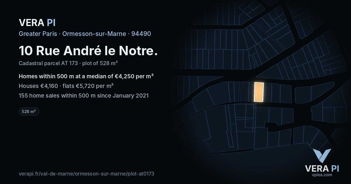 10 Rue André le Notre, Ormesson-sur-Marne at night – the plot lit, the parcels around coloured by the prices near them