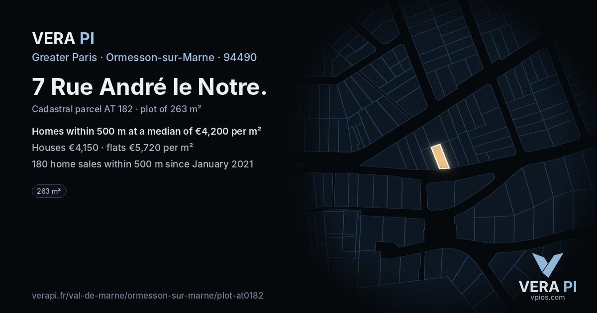 7 Rue André le Notre, Ormesson-sur-Marne at night – the plot lit, the parcels around coloured by the prices near them