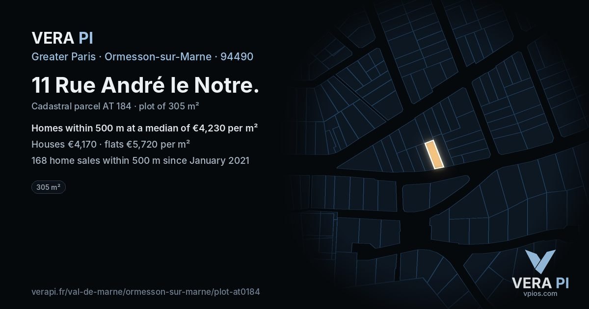 11 Rue André le Notre, Ormesson-sur-Marne at night – the plot lit, the parcels around coloured by the prices near them