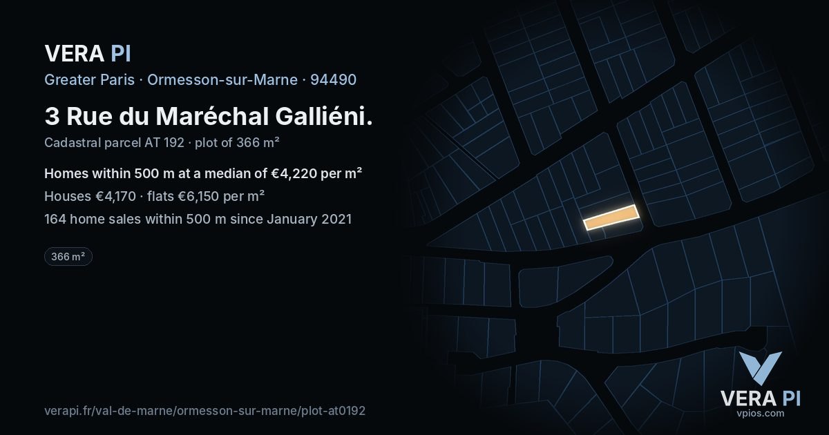 3 Rue du Maréchal Galliéni, Ormesson-sur-Marne at night – the plot lit, the parcels around coloured by the prices near them