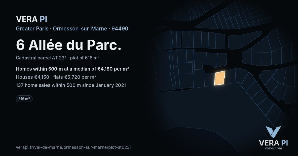 6 Allée du Parc, Ormesson-sur-Marne at night – the plot lit, the parcels around coloured by the prices near them
