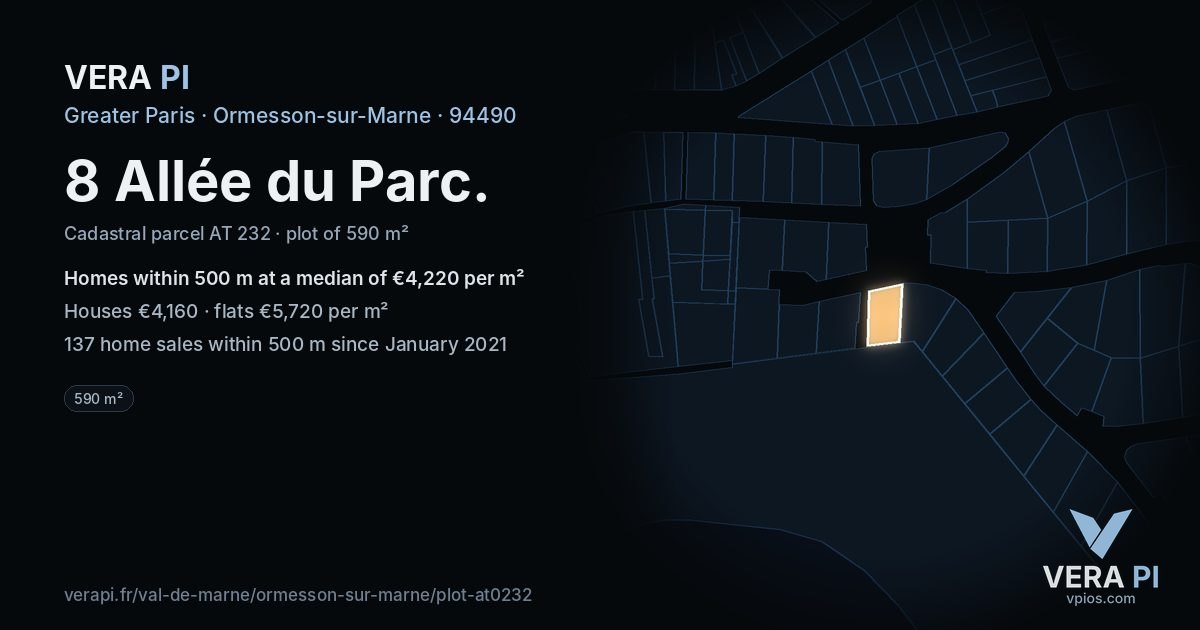 8 Allée du Parc, Ormesson-sur-Marne at night – the plot lit, the parcels around coloured by the prices near them