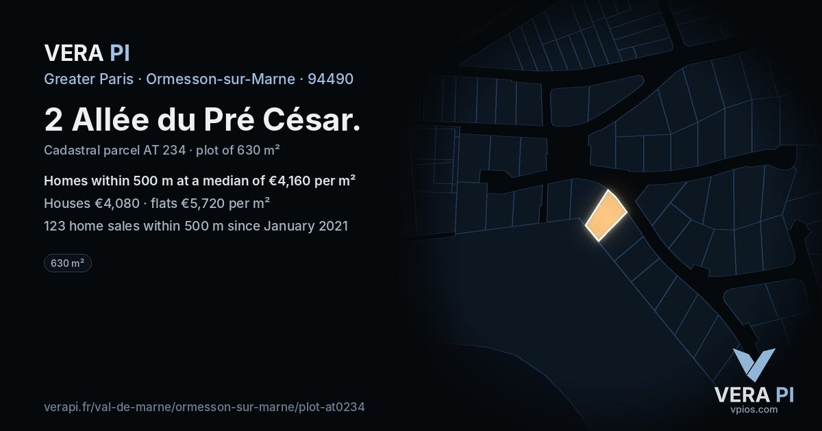 2 Allée du Pré César, Ormesson-sur-Marne at night – the plot lit, the parcels around coloured by the prices near them
