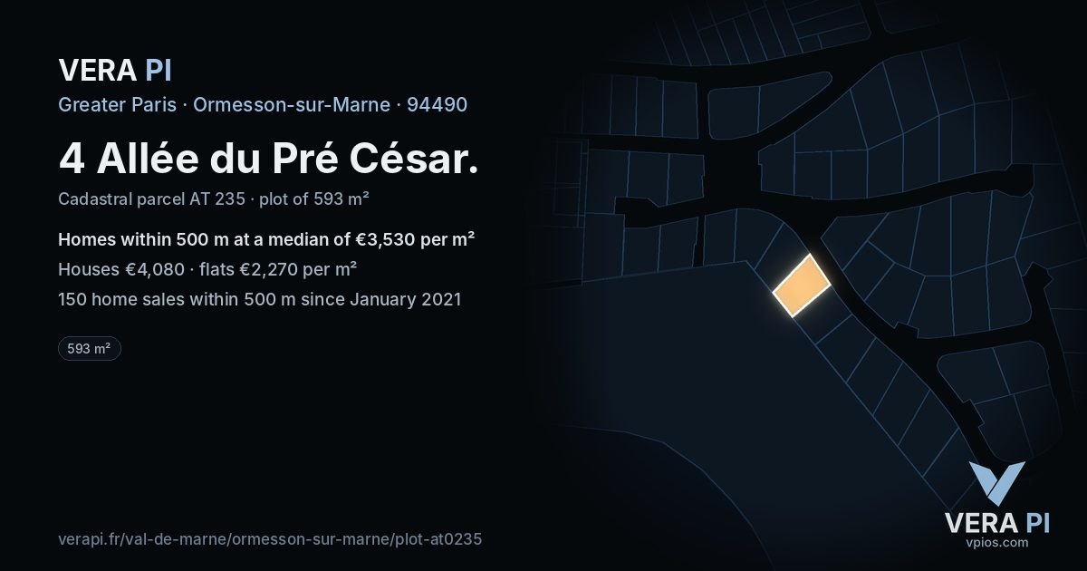 4 Allée du Pré César, Ormesson-sur-Marne at night – the plot lit, the parcels around coloured by the prices near them