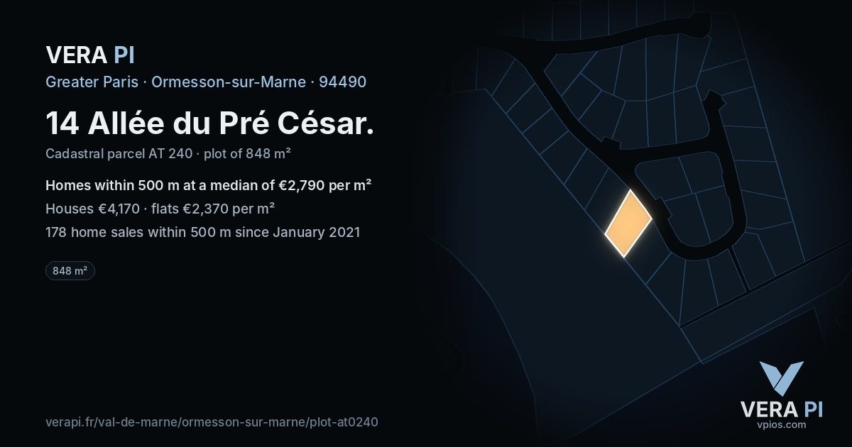 14 Allée du Pré César, Ormesson-sur-Marne at night – the plot lit, the parcels around coloured by the prices near them