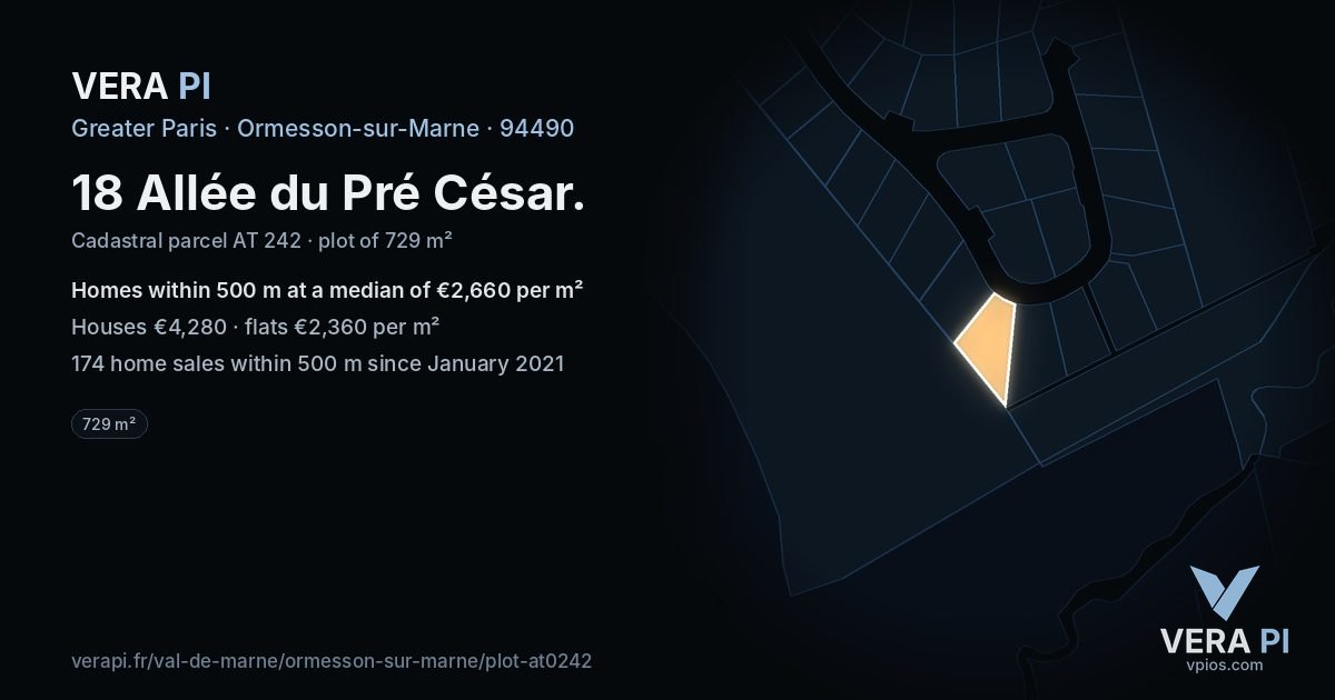 18 Allée du Pré César, Ormesson-sur-Marne at night – the plot lit, the parcels around coloured by the prices near them