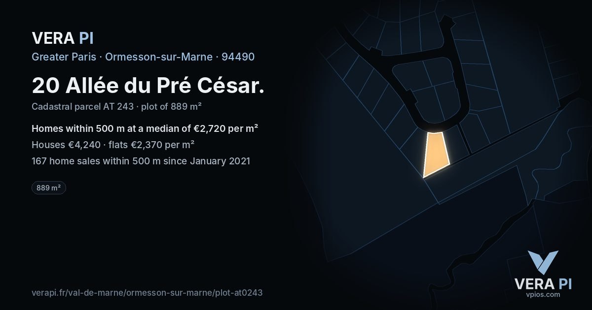 20 Allée du Pré César, Ormesson-sur-Marne at night – the plot lit, the parcels around coloured by the prices near them