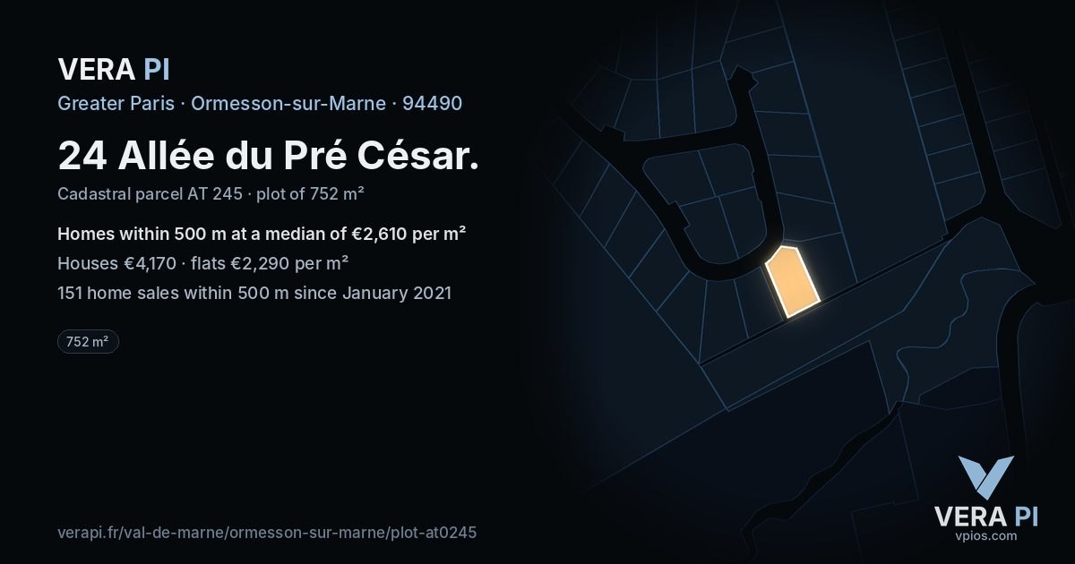 24 Allée du Pré César, Ormesson-sur-Marne at night – the plot lit, the parcels around coloured by the prices near them