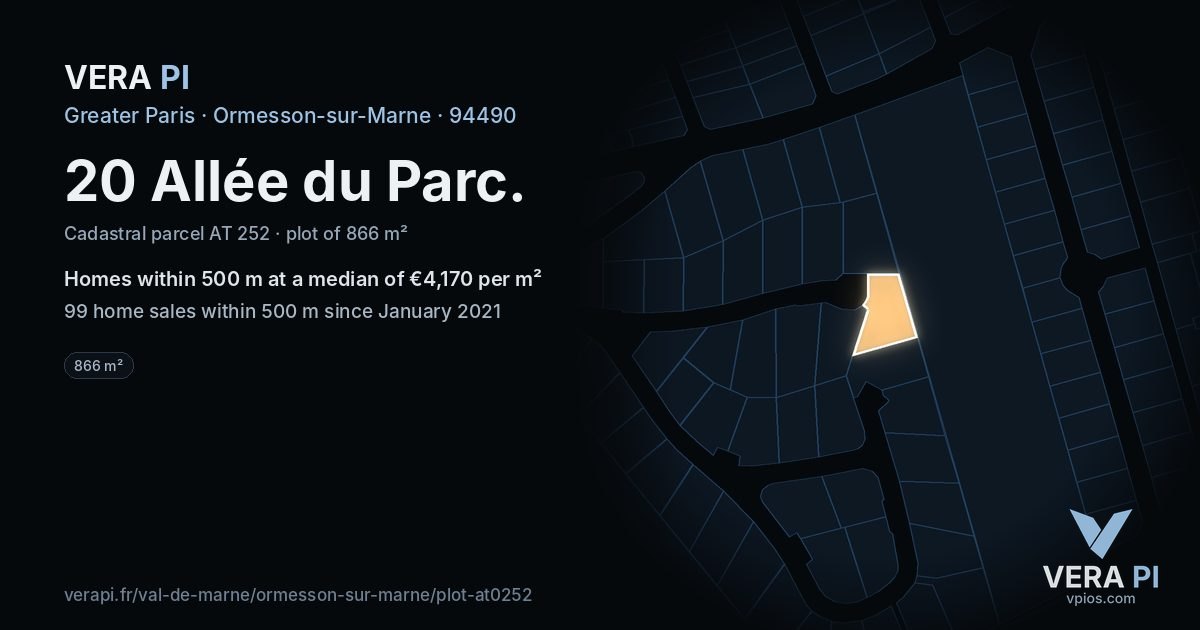 20 Allée du Parc, Ormesson-sur-Marne at night – the plot lit, the parcels around coloured by the prices near them