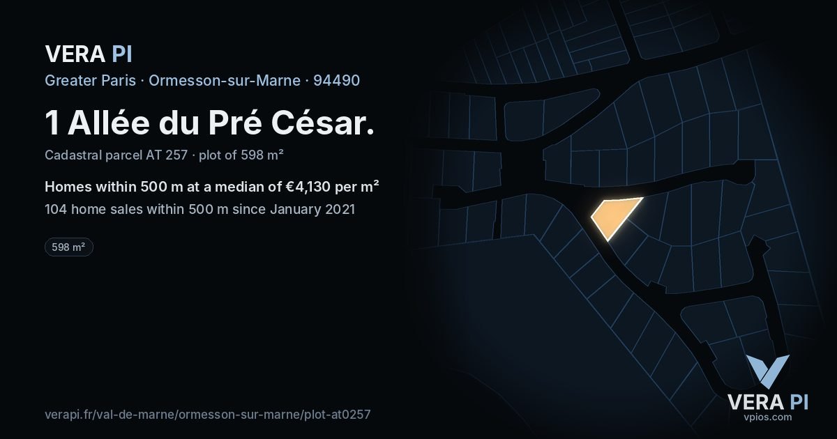 1 Allée du Pré César, Ormesson-sur-Marne at night – the plot lit, the parcels around coloured by the prices near them