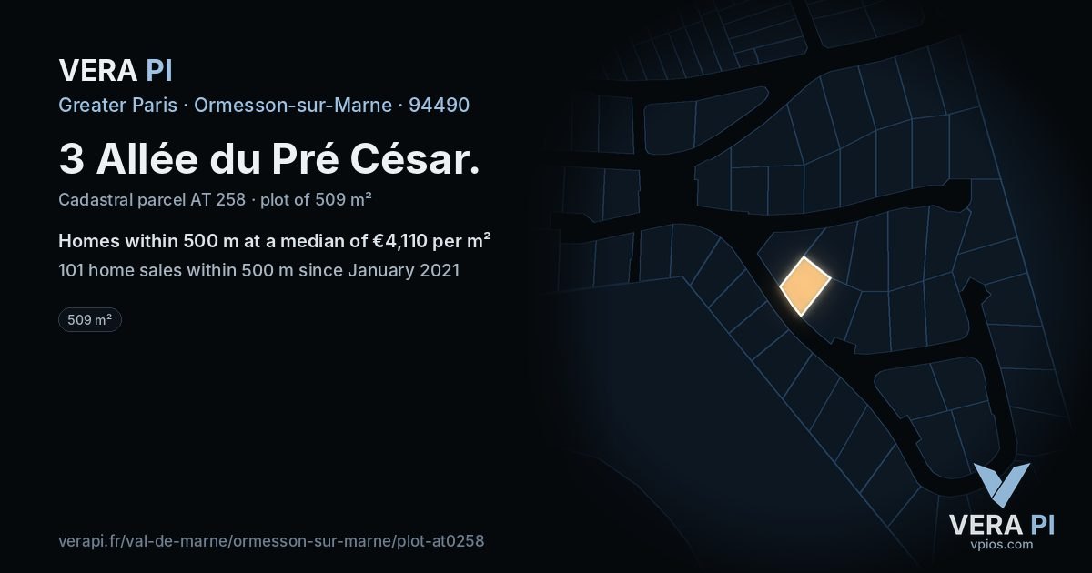 3 Allée du Pré César, Ormesson-sur-Marne at night – the plot lit, the parcels around coloured by the prices near them