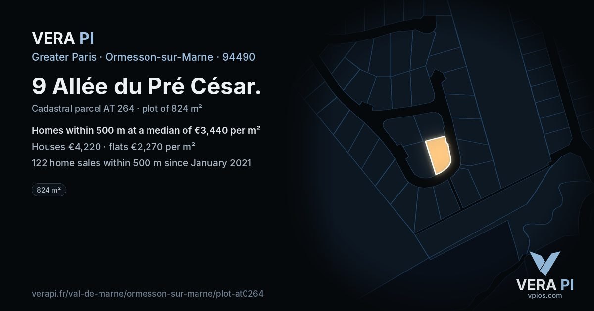 9 Allée du Pré César, Ormesson-sur-Marne at night – the plot lit, the parcels around coloured by the prices near them
