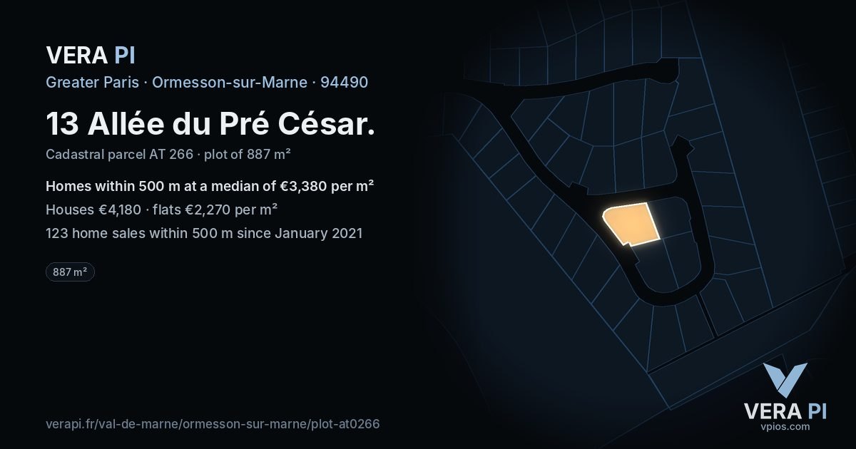 13 Allée du Pré César, Ormesson-sur-Marne at night – the plot lit, the parcels around coloured by the prices near them