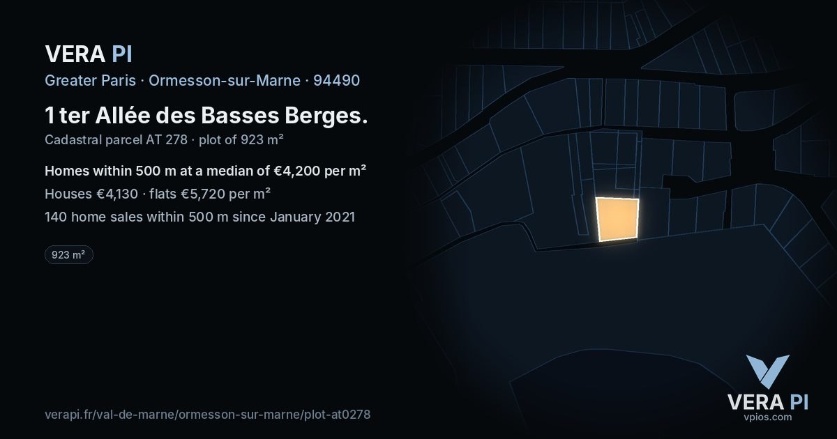1 ter Allée des Basses Berges, Ormesson-sur-Marne at night – the plot lit, the parcels around coloured by the prices near them