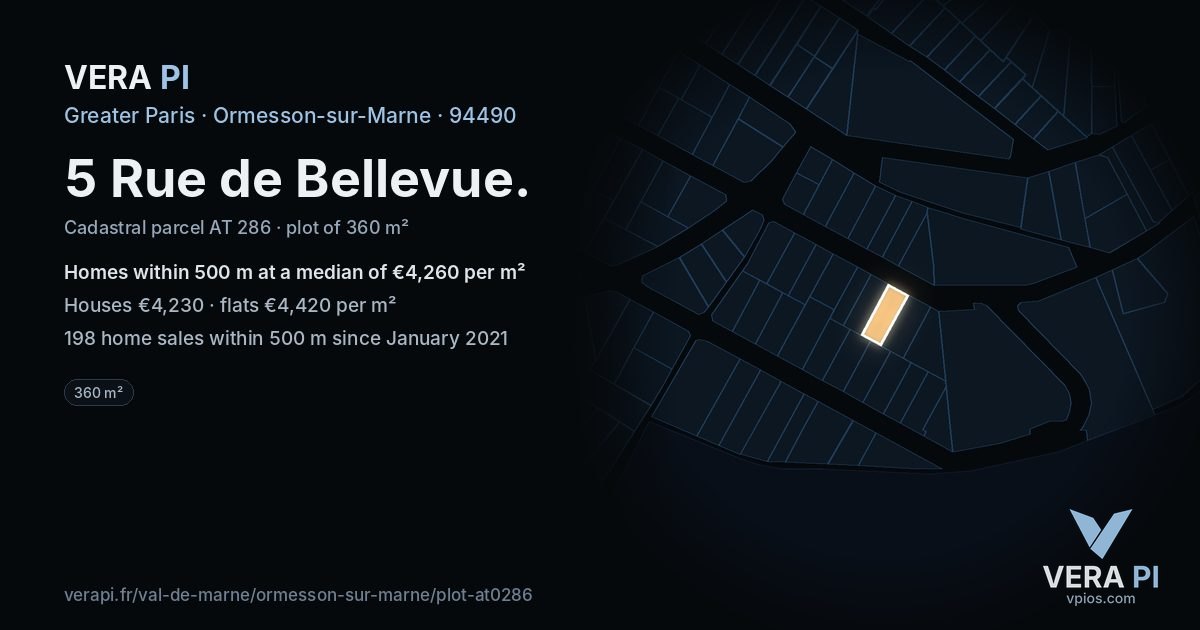 5 Rue de Bellevue, Ormesson-sur-Marne at night – the plot lit, the parcels around coloured by the prices near them