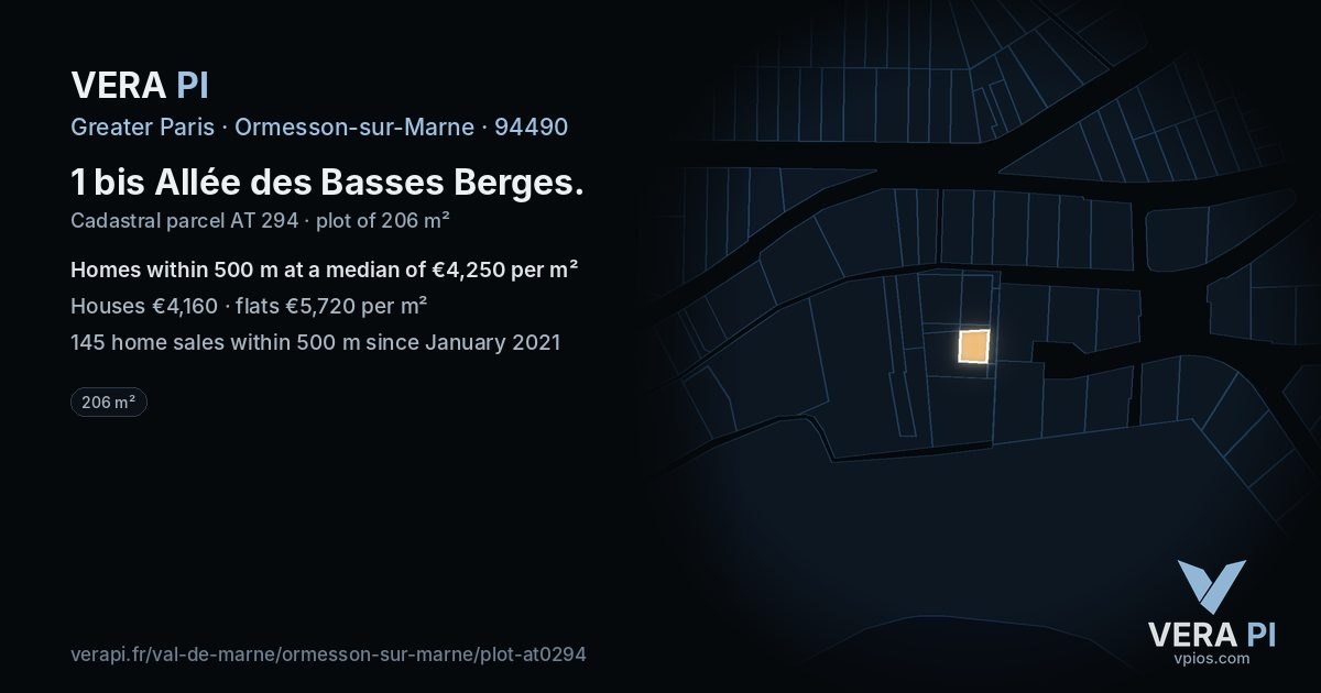1 bis Allée des Basses Berges, Ormesson-sur-Marne at night – the plot lit, the parcels around coloured by the prices near them