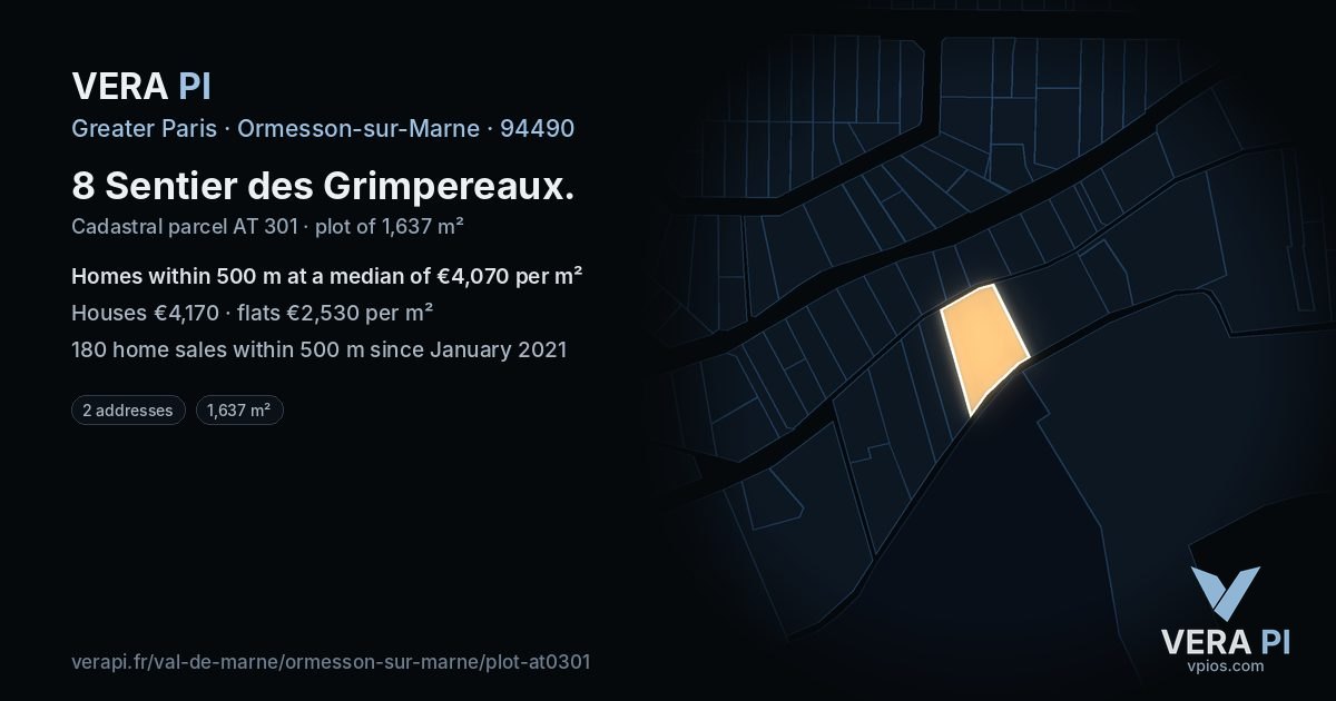 8 Sentier des Grimpereaux, Ormesson-sur-Marne at night – the plot lit, the parcels around coloured by the prices near them