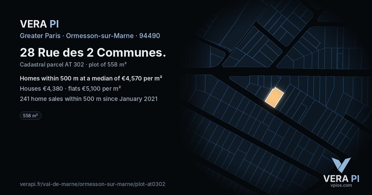 28 Rue des 2 Communes, Ormesson-sur-Marne at night – the plot lit, the parcels around coloured by the prices near them