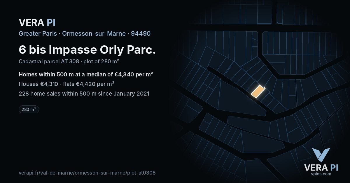 6 bis Impasse Orly Parc, Ormesson-sur-Marne at night – the plot lit, the parcels around coloured by the prices near them