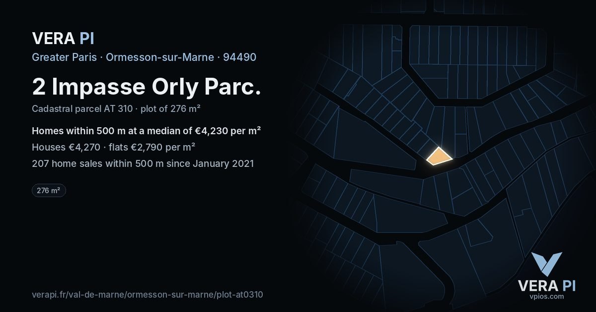 2 Impasse Orly Parc, Ormesson-sur-Marne at night – the plot lit, the parcels around coloured by the prices near them