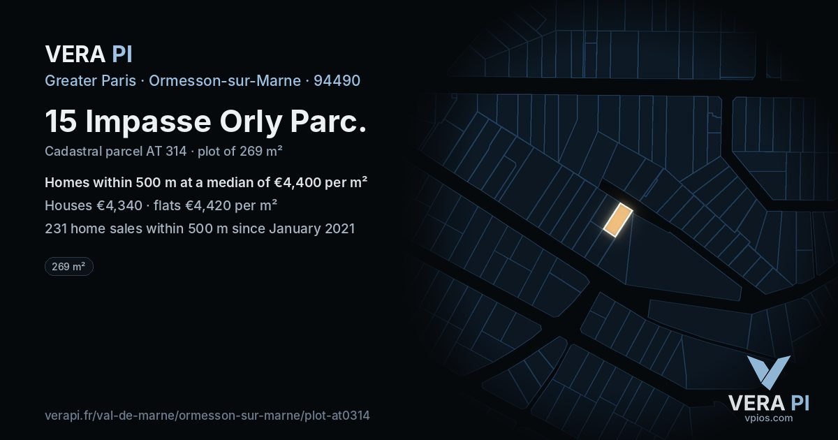 15 Impasse Orly Parc, Ormesson-sur-Marne at night – the plot lit, the parcels around coloured by the prices near them