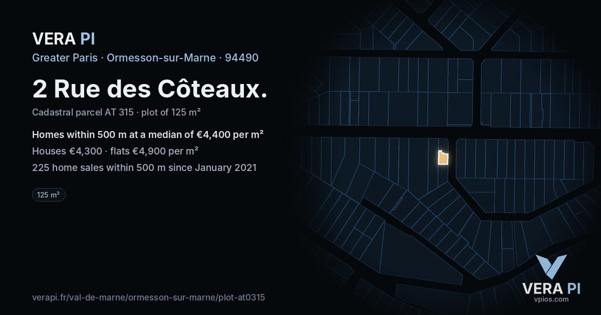 2 Rue des Côteaux, Ormesson-sur-Marne at night – the plot lit, the parcels around coloured by the prices near them